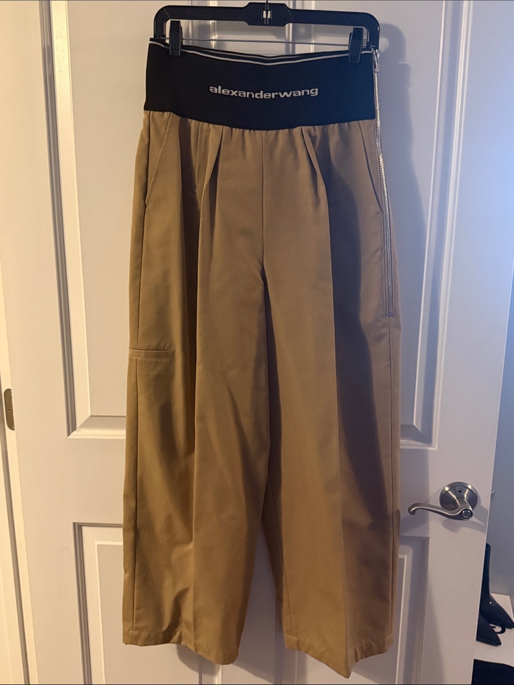 Brand New Alexander Wang Tan Wide-Leg Chinos with Black Branded Waistband
